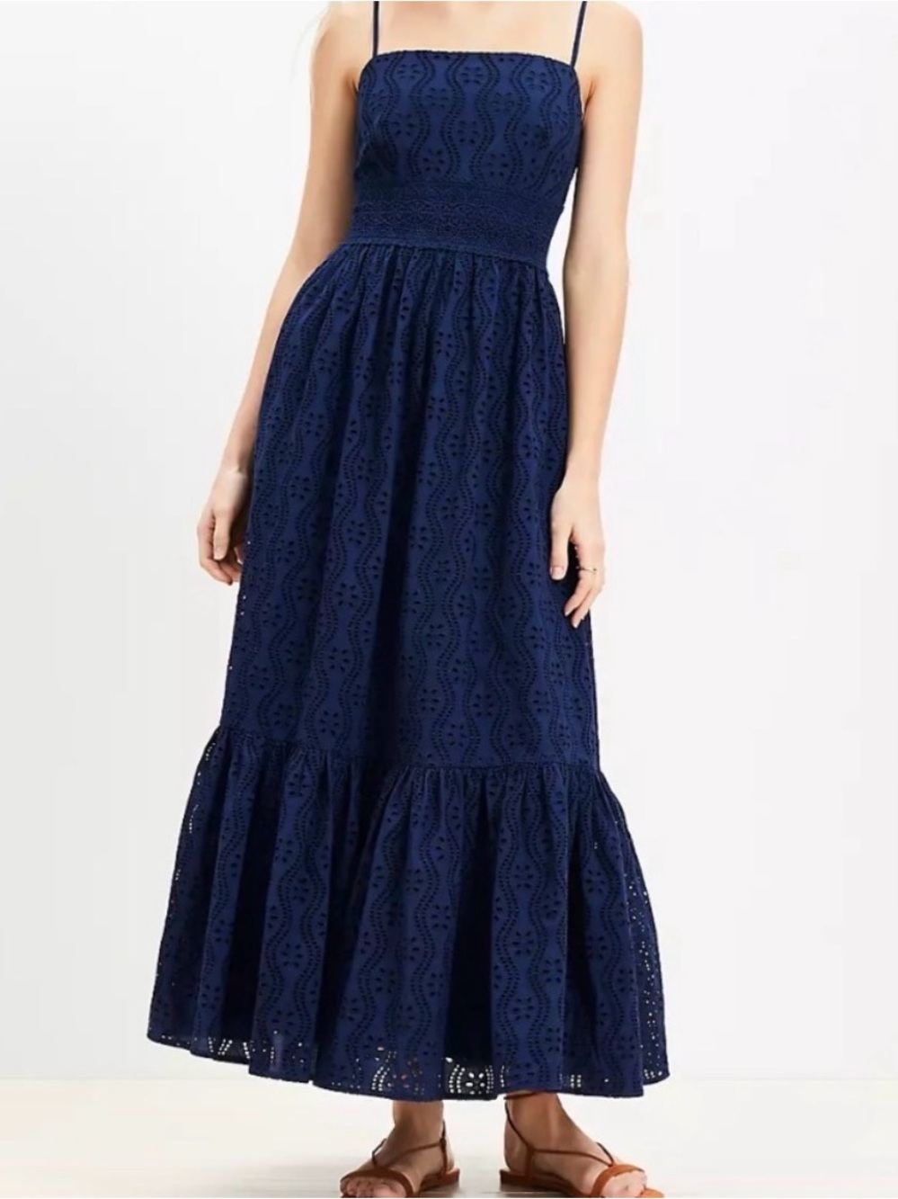 LOFT Navy Eyelet Spaghetti-Strap Maxi Dress